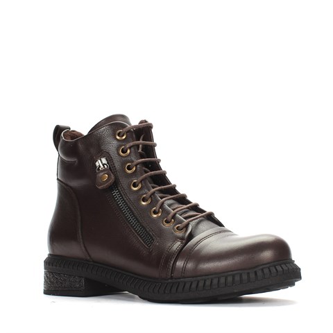 Kadın Kahverengi Fermuarlı Kalın Tabanlı Deri Bot