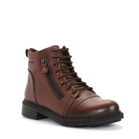 Kadın Taba Fermuarlı Kalın Tabanlı Deri Bot