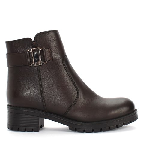 Kadın Kahverengi Fermuarlı Tokalı Deri Bot