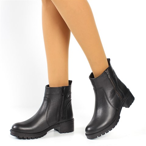 Kadın Siyah Çift Fermuarlı Kalın Tabanlı Deri Bot