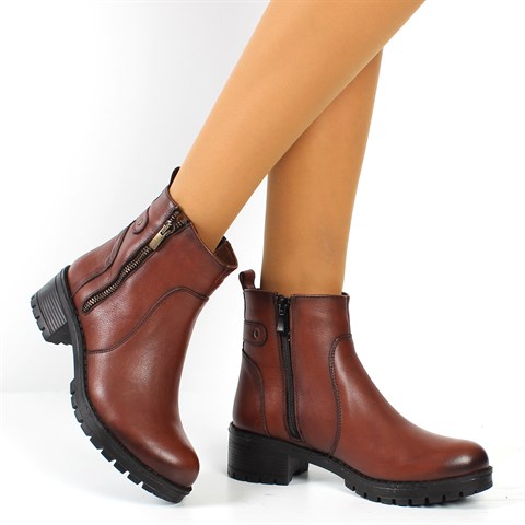 Kadın Taba Çift Fermuarlı Kalın Tabanlı Deri Bot