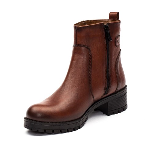 Kadın Taba Çift Fermuarlı Kalın Tabanlı Deri Bot