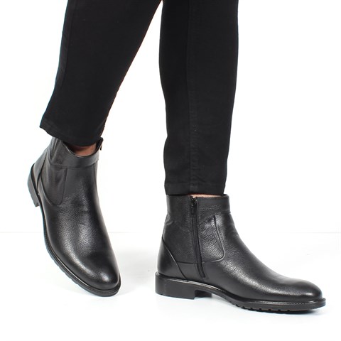 Erkek Siyah Fermuarlı Klasik Deri Bot