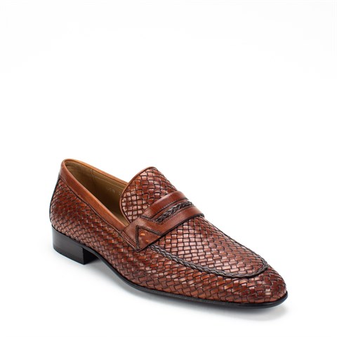 Erkek Taba Örgü Deri Loafer