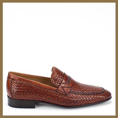 Erkek Taba Örgü Deri Loafer