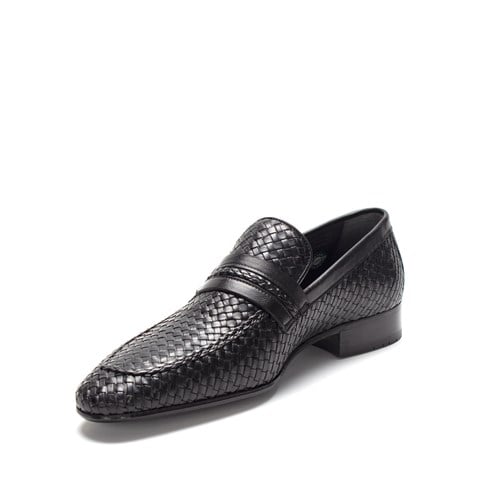 Erkek Siyah Örgü Deri Loafer