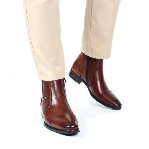 Erkek Taba Fermuarlı Klasik Deri Bot