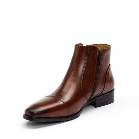Erkek Taba Fermuarlı Klasik Deri Bot