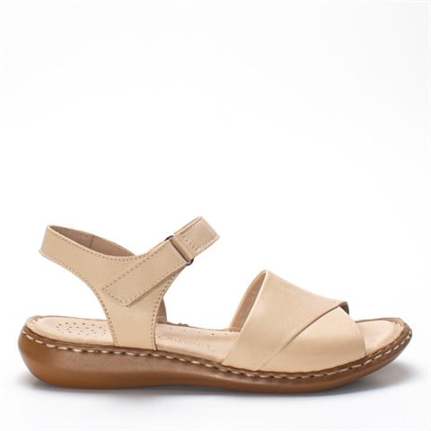 Kadın Bej Bilekten Cırt Cırtlı Deri Sandalet
