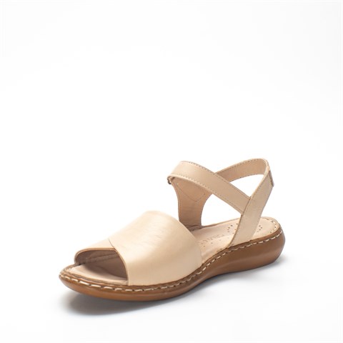 Kadın Bej Bilekten Cırt Cırtlı Deri Sandalet