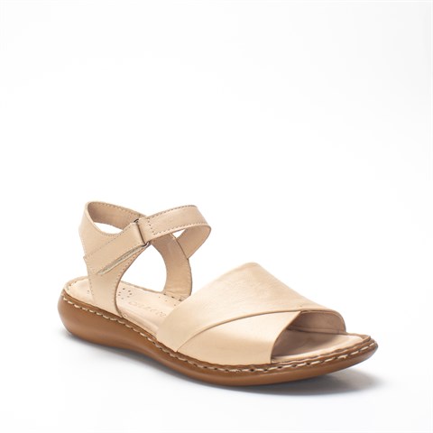 Kadın Bej Bilekten Cırt Cırtlı Deri Sandalet