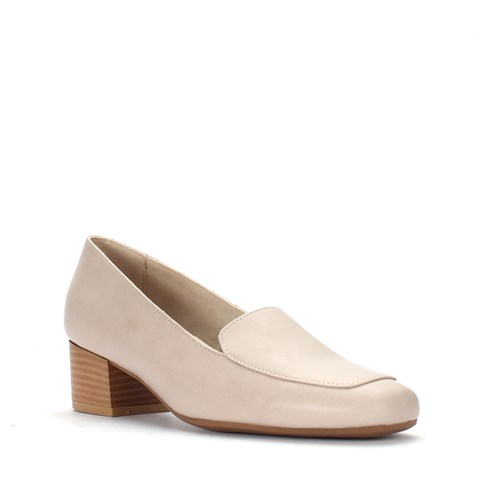 Kadın Bej Kalın Topuklu Deri Klasik Ayakkabı