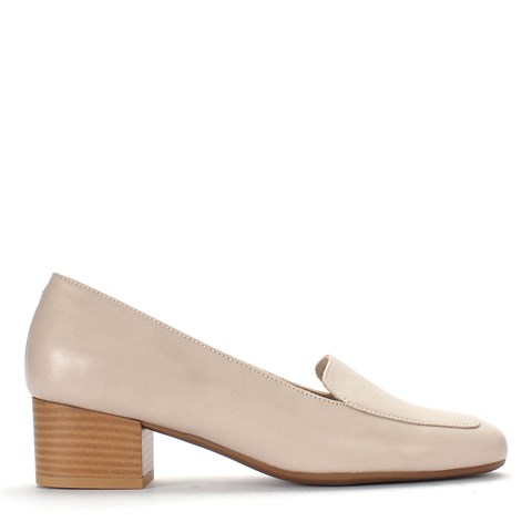 Kadın Bej Kalın Topuklu Deri Klasik Ayakkabı