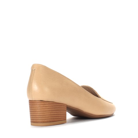 Kadın Krem Kalın Topuklu Deri Klasik Ayakkabı