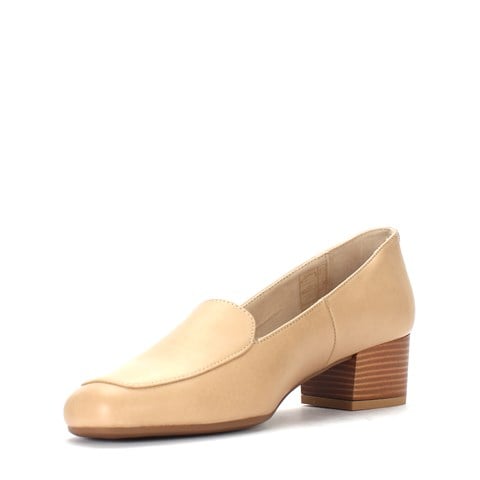Kadın Krem Kalın Topuklu Deri Klasik Ayakkabı