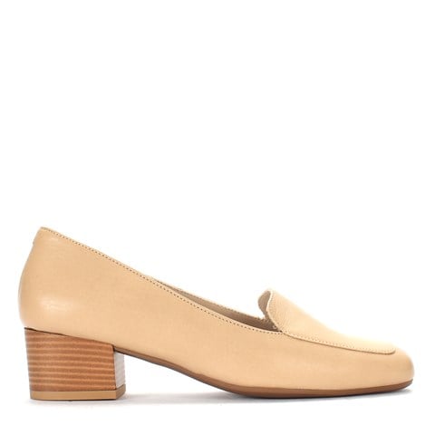 Kadın Krem Kalın Topuklu Deri Klasik Ayakkabı