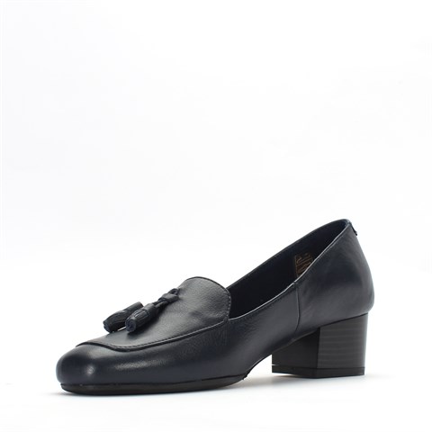 Kadın Lacivert Püsküllü Topuklu Deri Klasik Ayakkabı