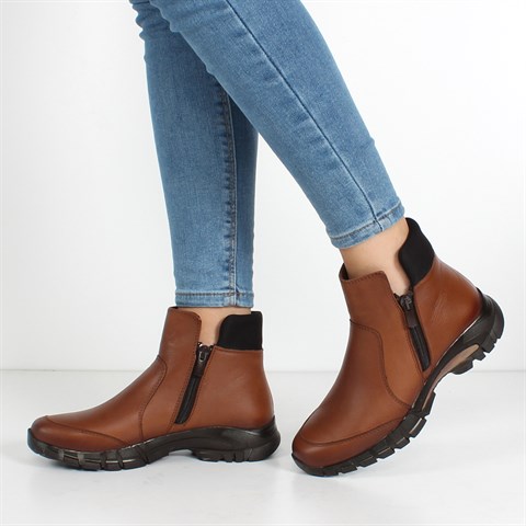 Kadın Taba Çift Fermuarlı Deri Bot