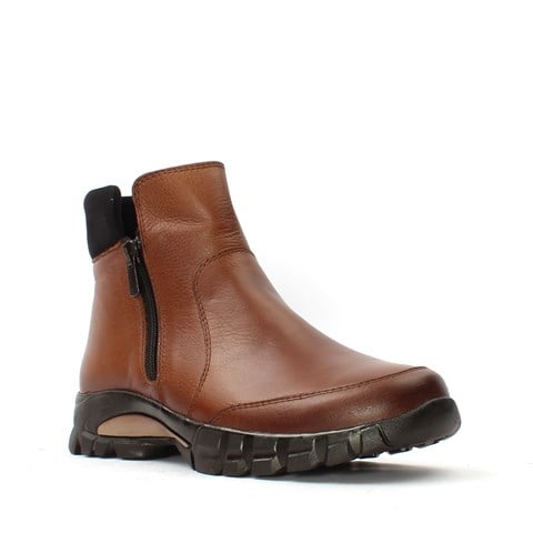 Kadın Taba Çift Fermuarlı Deri Bot