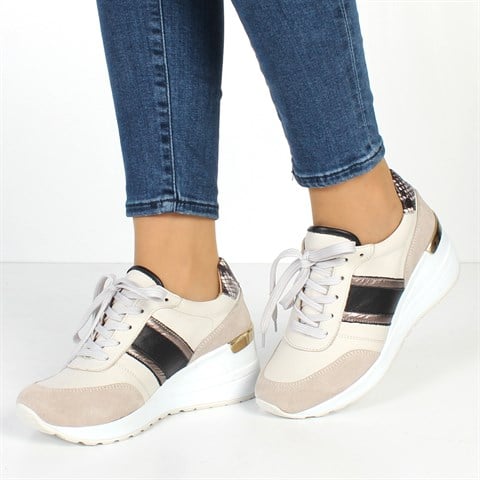 Kadın Bej Bağcıklı Kalın Tabanlı Deri Sneaker