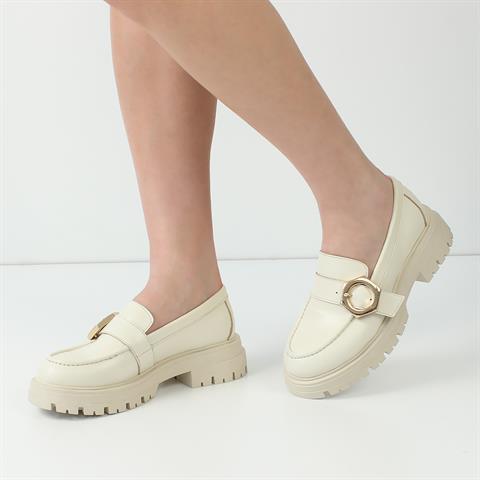 Kadın Bej Tokalı Deri Loafer