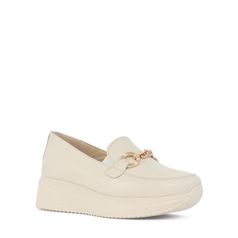 Kadın Bej Tokalı Dolgu Topuklu Deri Loafer