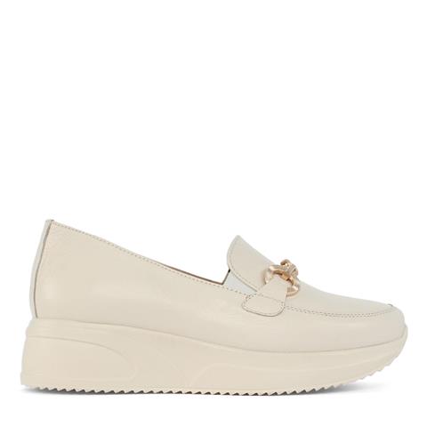 Kadın Bej Tokalı Dolgu Topuklu Deri Loafer