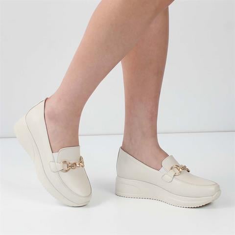 Kadın Bej Tokalı Dolgu Topuklu Deri Loafer