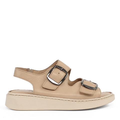 Kadın Bej Çift Tokalı Deri Sandalet
