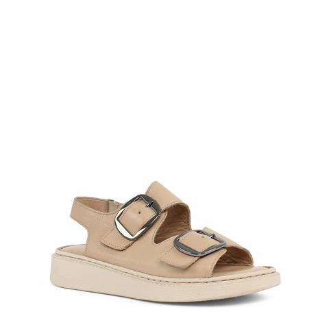 Kadın Bej Çift Tokalı Deri Sandalet