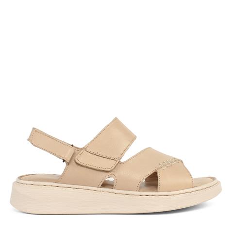 Kadın Bej Bilekten Cırt Cırtlı Deri Sandalet