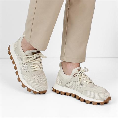 Erkek Bej Bağcıklı Kalın Tabanlı Deri Sneaker
