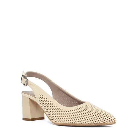 Kadın Bej Bilekten Bantlı Deri Klasik Ayakkabı