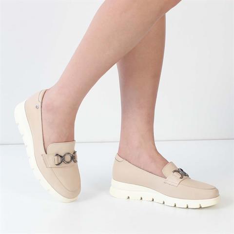 Kadın Bej Tokalı Kalın Tabanlı Deri Loafer