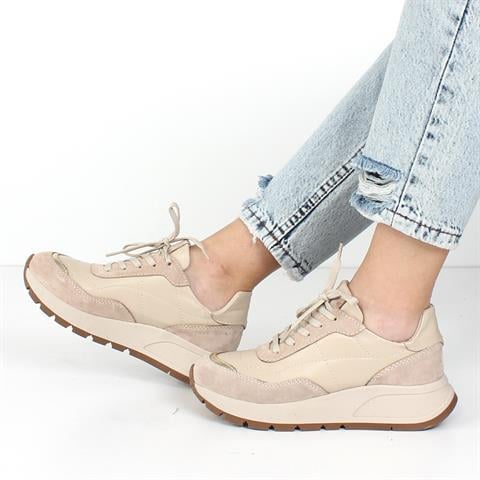 Kadın Bej Bağcıklı Kalın Tabanlı Deri Sneaker