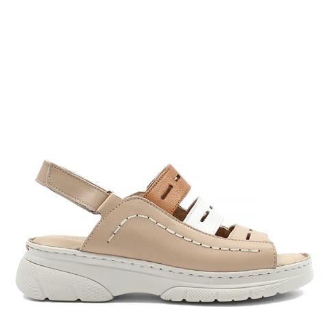 Kadın Bej Bilekten Cırt Cırtlı Deri Sandalet