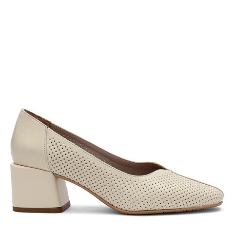 Kadın Bej Kalın Topuklu Deri Klasik Ayakkabı