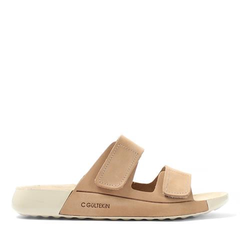 Kadın Bej Çift Bantlı Önü Cırt Cırtlı Nubuk Deri Terlik