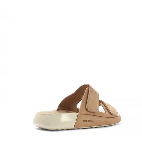 Kadın Bej Çift Bantlı Önü Cırt Cırtlı Nubuk Deri Terlik