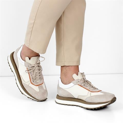 Erkek Bej Bağcıklı Kalın Tabanlı Süet Deri Sneaker