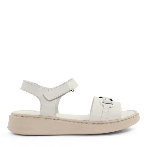 Kadın Beyaz Bilekten Cırt Cırtlı Tokalı Deri Sandalet