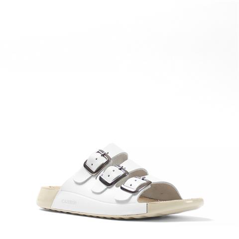 Kadın Beyaz Üç Tokalı Rahat Deri Terlik