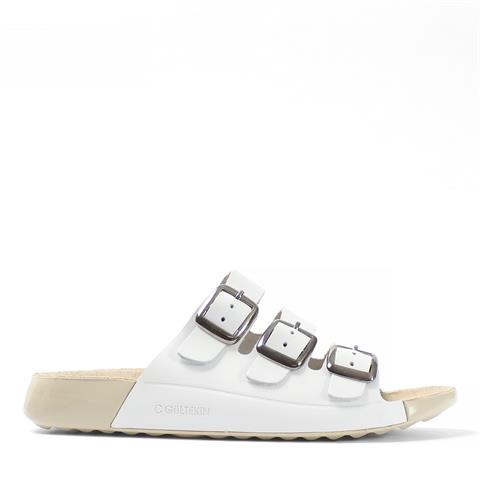 Kadın Beyaz Üç Tokalı Rahat Deri Terlik