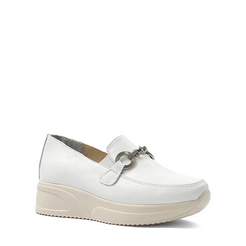 Kadın Beyaz Tokalı Dolgu Topuklu Deri Loafer
