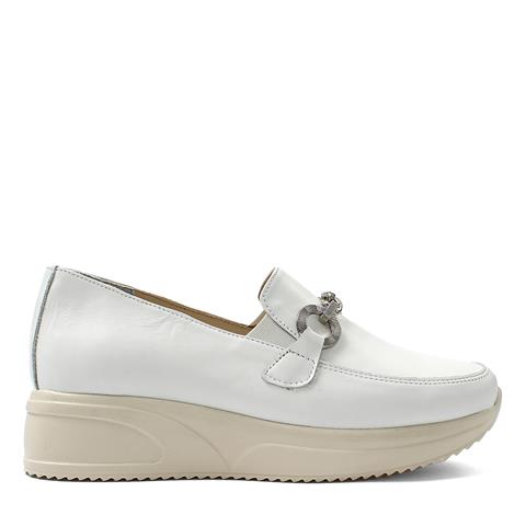 Kadın Beyaz Tokalı Dolgu Topuklu Deri Loafer