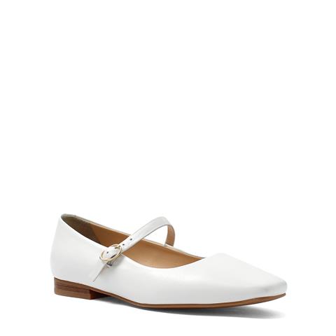 Kadın Beyaz Bantlı Küt Burun Deri Babet