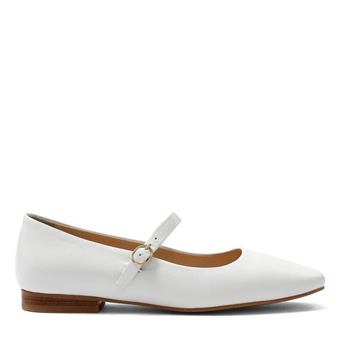 Kadın Beyaz Bantlı Küt Burun Deri Babet