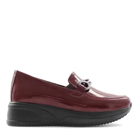 Kadın Bordo Tokalı Dolgu Topuklu Rugan Deri Loafer