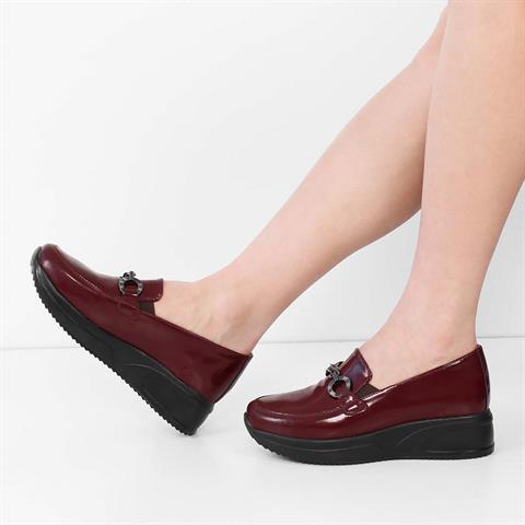 Kadın Bordo Tokalı Dolgu Topuklu Rugan Deri Loafer