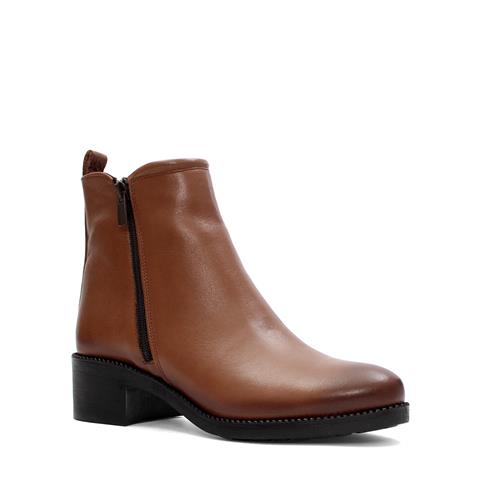 Kadın Ceviz Çift Fermuarlı Kalın Topuklu Deri Bot